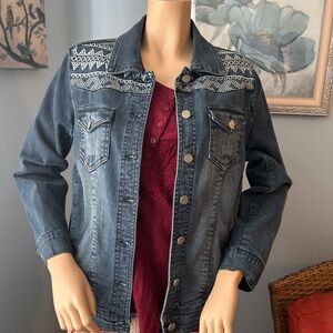 Vintage Denim Jacket with Aztec Embroidered Detail